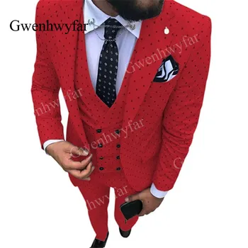 Gwenhwyfar/2019 Есенните червени мъжки смокинги с изрезки на лацканах от 3 теми, мъжки костюм, грах, костюми Булката за сватбата (блейзър + Жилетка + панталони).