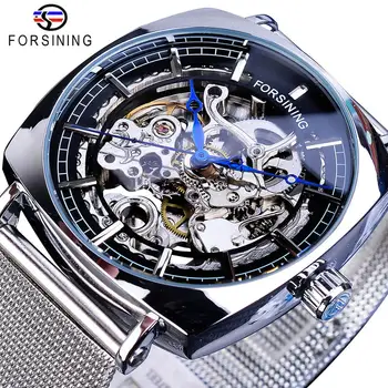 2022 Нови Модни Механични часовници за мъже с Квадратни автоматично виртуален скелет, аналогови Сребърни часовници с фина Мрежа и метална каишка Relojes Hombre