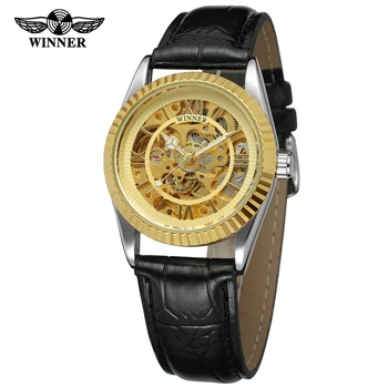 2019 Модерен мъжки часовник T-WINNER от водеща марка, мъжки автоматично механични ръчни часовници от кожа скелет, луксозни мъжки часовник със златист циферблат