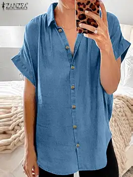 Модерна риза с един гърди, дамски офис блуза ZANZEA от деним с ревери и къс ръкав, летни ваканционни върховете 2023, ежедневни однотонная укороченная туника