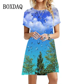 Нови летни пейзажи, дърво, капки дъжд, рокли с 3D-принтом на 2023 година, женствена рокля трапецовидна форма, с къс ръкав, Vestidos