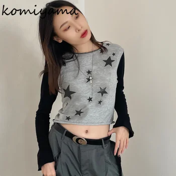 Komiyama Star Print Y2k Облекло в стил Хип-Хоп с Кръгло Деколте и Дълъг Ръкав, Съкратен Блузи, Дамски Градинска Тениска с Контрастиращ Цвят, Тениски с Дъното