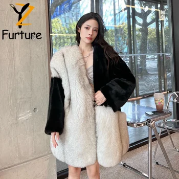 Палто от естествена кожа 2022, индивидуално норковое мозайка палто от лисьего козина, модно дамско зимно висококачествено палто с дължина 80 см