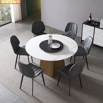 Дизайнерска луксозна кръгла кухня от Мраморни плочи, маса за хранене с 4 стола mesa esstisch furniture meuble marbre Основа от въглеродна стомана