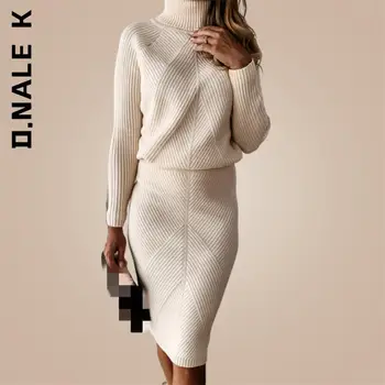 D. Nale K Пролетен женски костюм за плетене, поло, обикновен пуловер, пуловер + тънка пола, комплект от две части