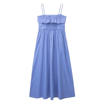 Дамско луксозно синьо памучно рокля-прашка с висока талия 2023, пролетта женски однотонное плиссированное дълга рокля трапецовидна форма с отворен гръб, женски меки рокли