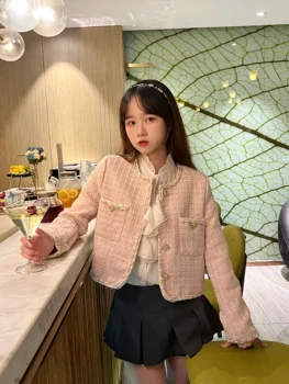 Нова мода Корейски Шик, сладък розов вълнен туид сако, палто, дамски пролетно однобортная офис дамски връхни дрехи на райета, 2023