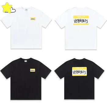 Черен, Бял цвят, VTM, къс ръкав, мъжки, женски, висококачествени тениски, жълт етикет с писмото принтом, тениски с логото на Vetements