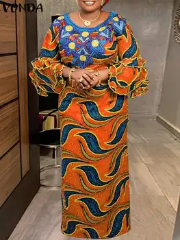 Жена богемное рокля Макси 2023 VONDA, реколта вечерни рокли в африканския стил с флорални принтом, летен дълъг сарафан с волани, халат casual