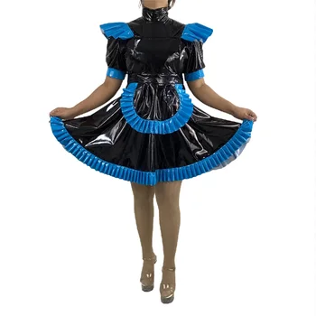 Ново записване, рокля на прислужница от кожата Педал с висока яка от PVC, лъскава изкуствена кожа, кратък буйни ръкав, униформи за обличане в стил Лолита