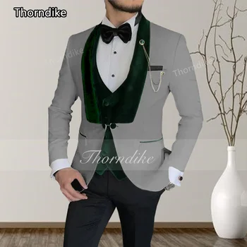 Класически сив мъжки костюм Thorndike 2023, тъмно-зелена жилетка Vvelvet с ревера, Най-добър мъжки костюм Ежедневна cut (яке + Жилетка + панталони)